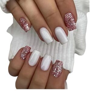 White & Rose Gold Glitter Press-On Nails | Square Shape | Reusable Set